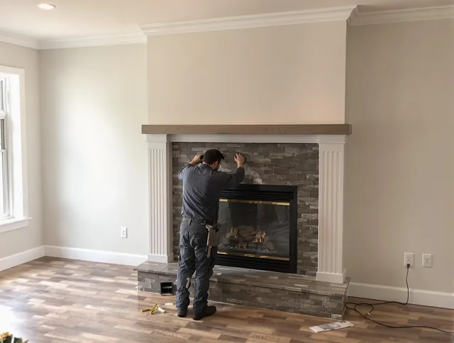Pomona Chimney Sweep finishing a custom fireplace install in Pomona, CA